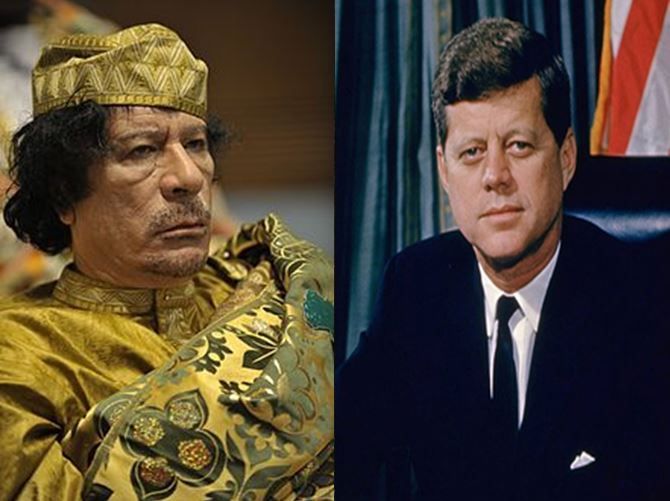 Muamar el Gadafi, político y dictador libio vs John F. Kennedy, presidente americano defensor de los Derechos Civiles